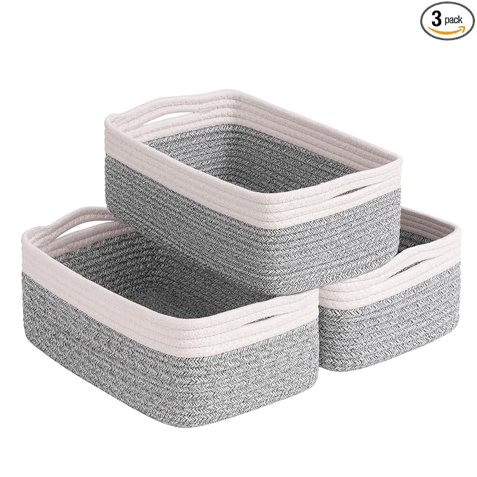 Goodpick 3-Pack Cotton Rope Baskets for Shelves, 11 x 7 x 4.5 in | Rope Baskets for Shelves, Closet Organizer Bins, Empty Baskets for Gifts, Woven Basket for Living Room, White & Brown