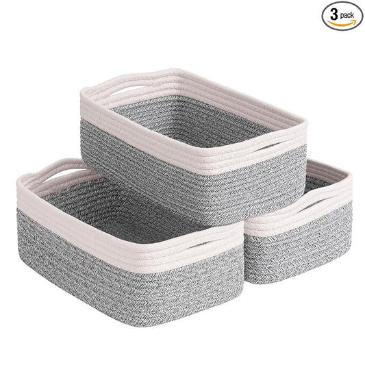 Goodpick 3-Pack Cotton Rope Baskets for Shelves, 11 x 7 x 4.5 in | Rope Baskets for Shelves, Closet Organizer Bins, Empty Baskets for Gifts, Woven Basket for Living Room, White & Brown