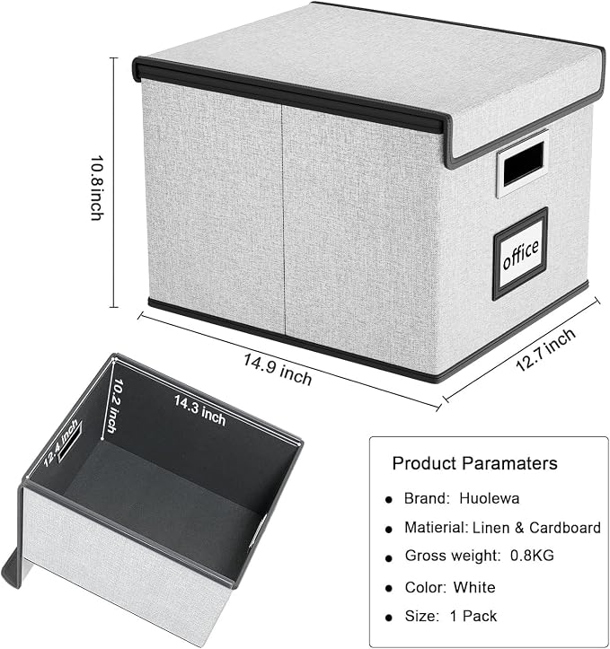 File Organizer Box with Lids, Collapsible File Folder Organizer | File Box with Plastic Slides for Office Document Storage, Filing Bin for Letter Size Hanging File Folders (1 Pack, White)