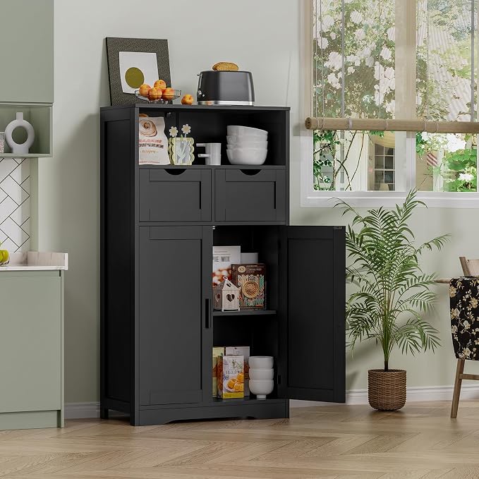 Iwell Storage Cabinet with Doors & Shelves, Kitchen Pantry Cabinet, Bathroom Cabinets for Living Room, Kitchen, Laundry, Black