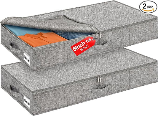 5-In Low Profile Under Bed Storage, Rigid Structure, 2 Pack, Gray | 5" Tall Design, Rigid Sides & Bottom, Reinforced Handles, Foldable Organizer, Limited Clearance, Couches, Cribs, Dorm Beds