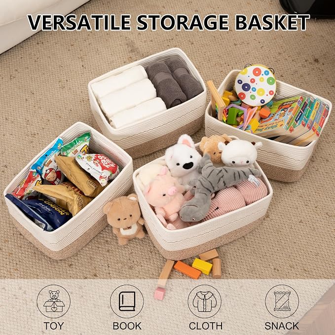 OIASKET 4 Pack Storage Baskets for Organizing, 15.75''x11.8''x7.87'', Decorative Cotton Rope Baskets for Shelves, Small Woven Basket for Toys, Books and Towels, Brown&White