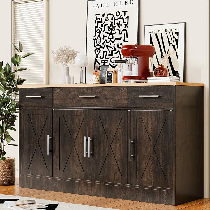Kitchen Buffet Sideboard Cabinet, Farmhouse Storage Cabinet with 4 Doors and 3 Drawers, Wooden Base Cabinet with Adjustable Shelf for Living Room, Brown
