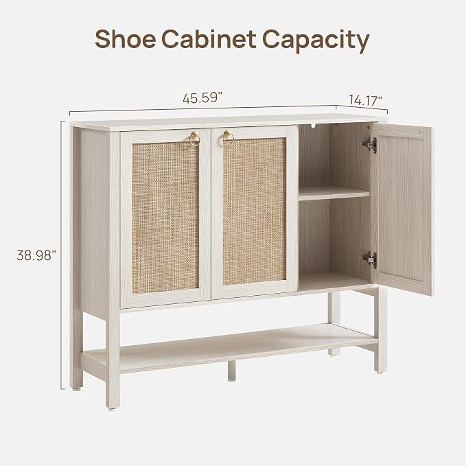 SICOTAS Rattan Shoe Cabinet with Storage, White Large Shoe Organizer | 30 Pairs Boho Shoe Rack Cabinet with 3 Doors & Adjustable Shelves for Entryway, Hallway, Living Room, Closet (2 Pieces)