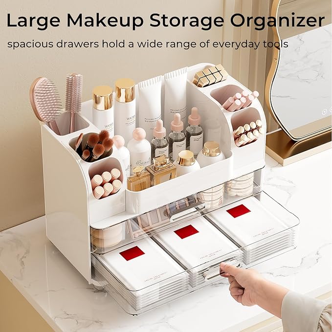 UFORU Makeup Organizer Countertop with 2 Large Drawers for Vanity Bathroom | Brush Holder, Large Capacity, Thickened Plastic, Compact Footprint, Space-Saving Design, Easy Clean, Ideal for Dorm Rooms