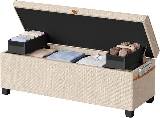 SONGMICS Home Storage Ottoman, 27 Gallons End of Bed Bench, 15.9 x 43.5 x 15.9 Inches, for Bedroom, Entryway, Living Room, Beige
