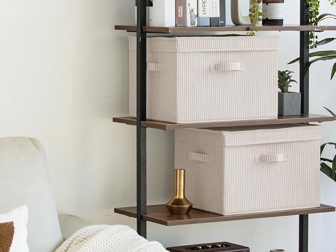 StorageWorks Fabric Storage Bins with Lid, Decorative Storage Boxes for Shelves, Stackable Closet Organizer Basket with Handles, Jumbo, Khaki and Beige Stripes, 2-Pack | Flip-Top Lid, 3 Handles, Collapsible, Stackable, for Clothes Blankets, Multi-Purpo...
