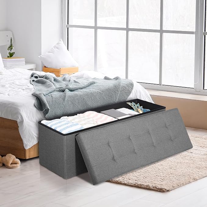ZenStyle 43Inches Storage Ottoman Bench, Folding Footrest Padded Seat, Storage Chest Long Shoes Bench with Divider, Holds up to 660 lbs, for Living Room, Entryway, Bedroom, Light Gray
