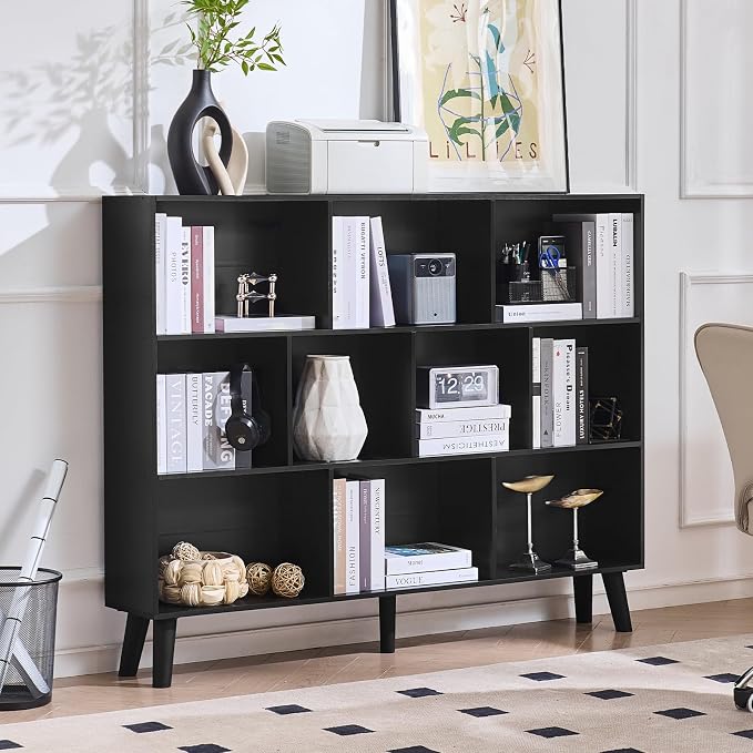LEYAOYAO 10 Cube Bookshelf, Mid-Century Modern Book Shelf with Legs, Black | 3 Tier Bookcase, 55" Wide Rustic Wood Bookshelves Large Storage Organizer, Open Shelves for Bedroom, Living Room, Office