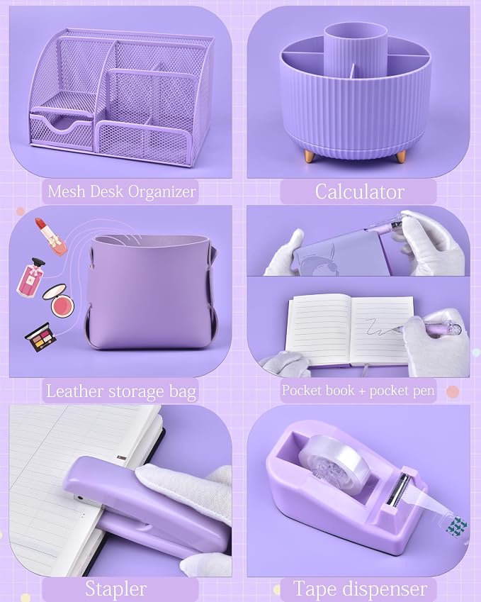 Purple Desk Accessories and Organizers with Desk Organizer and 360°Rotating Pen Holder stapler Pen and a Lot of Office Purple Office Supplies Beautifully Presented in a Gift Box
