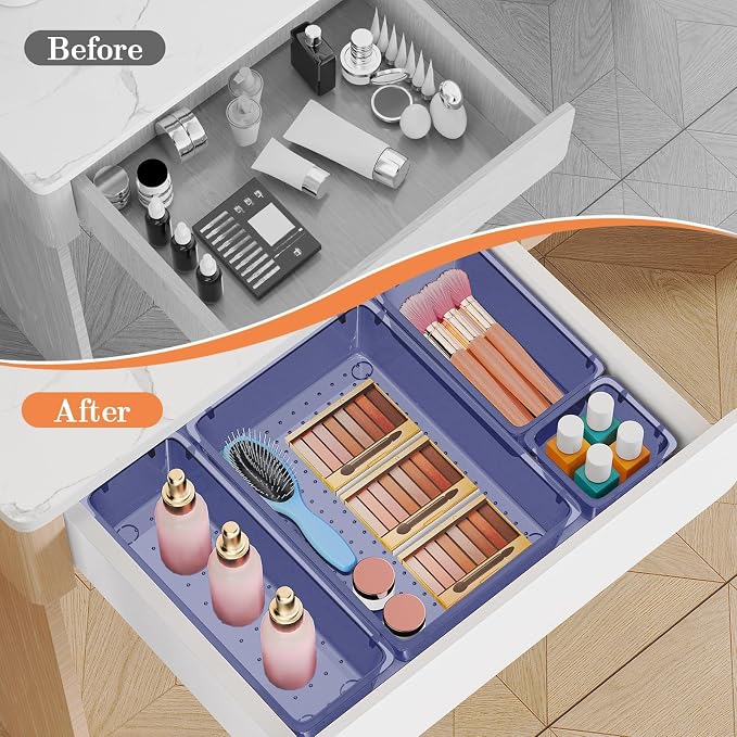 SpaceHacks 25 PCS Plastic Drawer Organizer Set, 4-Size Versatile Organizer Trays & storage Bins for Makeup, Jewelry, and Gadgets in Bathroom, Bedroom and Office,Dark Blue