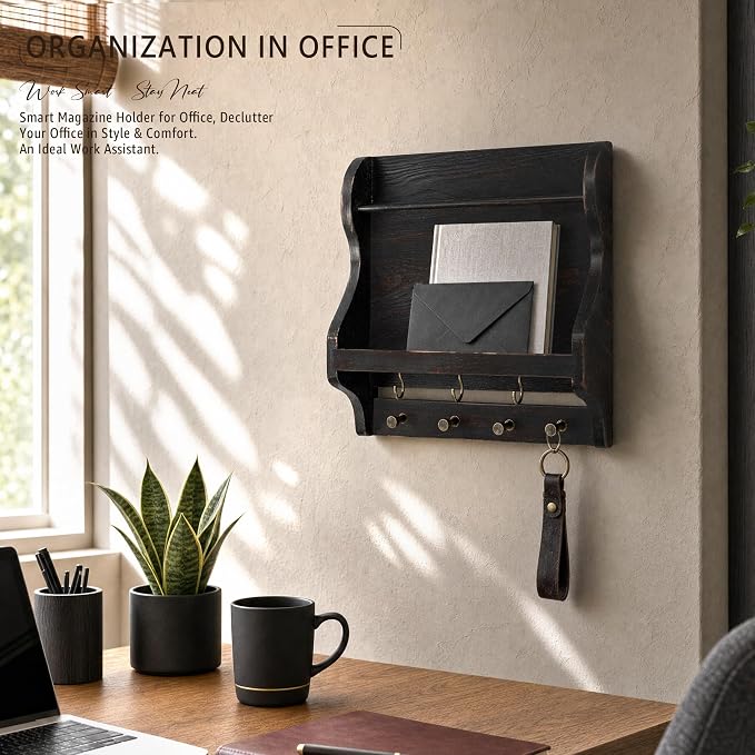 Mail Organizer Wall Mount: Magazine Holder for Room Decor, Distressed Black | Pine Wood, Anti-drop wood strip, Envelope Slot for Letter, Key Hooks, Farmhouse Wall Mail Organizer, Home Decor Accent