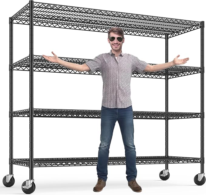 REIBII 4-Tier Heavy Duty Shelving with Wheels, 2480LBS Storage Shelf Rack | 1-inch (25.4mm) steel tube, industrial casters, lockable wheels, tool-free, rust-proof, garage, warehouse, pantry, commercial