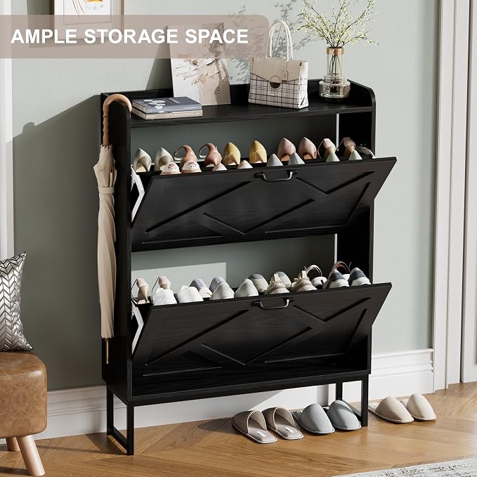 Nicetree Shoe Storage Cabinet with 2 Flip Drawers, Entryway Cabinet, Black | Slim Shoe Cabinet with Metal Legs, Narrow Farmhouse Shoe Organizer for Entryway, Foyer, Hallway, Wood Shoe Rack with Hook
