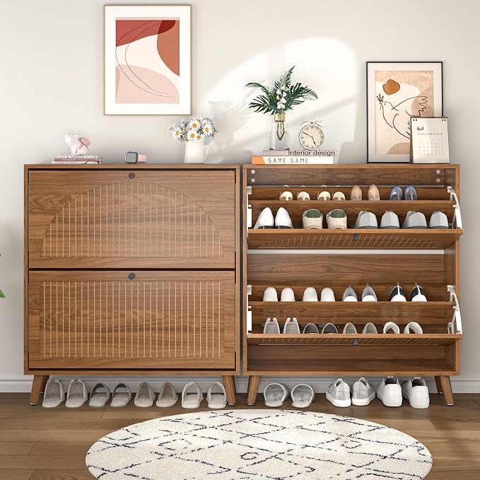Fsbecl Shoe Storage Cabinet for Entryway with 2 Flip Drawers, Narrow Wood Shoe Cabinet with Fluted Panel, Freestanding Hidden Shoe Organizer for Hallway