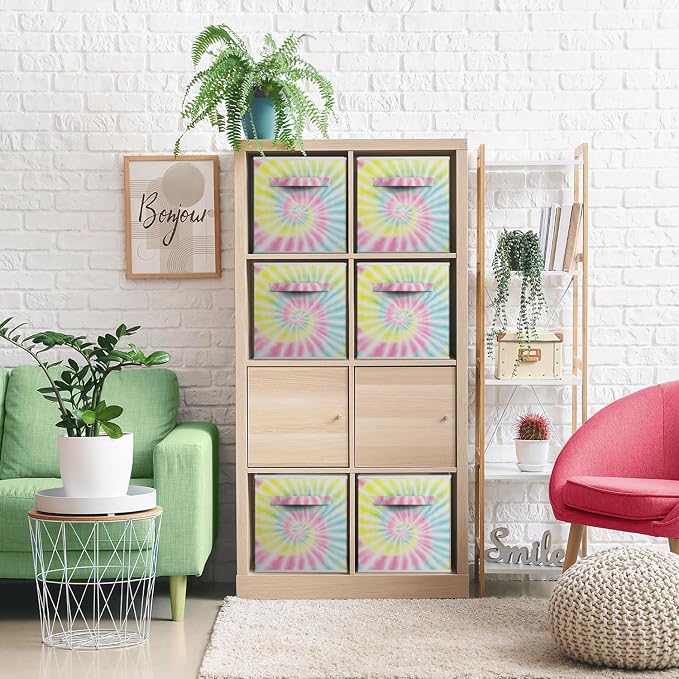 Sorbus Fabric Storage Cubes - 6 Foldable Tie Dye Storage Bins for Organizing Cubbies, Toy Box - Clothes Storage & Closet Organizer - 11 Inch Collapsible Cube Baskets for Shelves with Handle