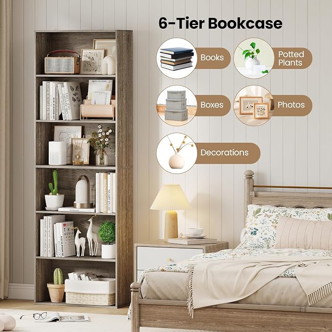 Giantex 6-Tier Bookcase Set of 2, 70" Tall Wooden Bookshelf, Freestanding Storage Organizer w/Open Shelves, Anti-Tipping Kits, Modern Floor Standing Display Shelves for Living Room,Grey