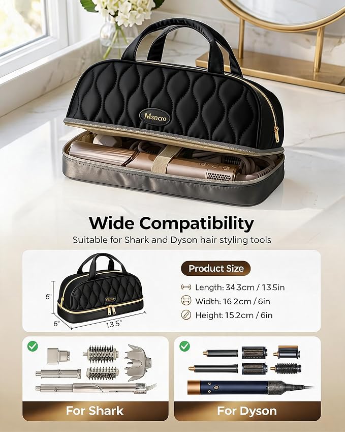 Mancro Carrying Case for Shark FlexStyle, Quilted Hair Tools Travel Bag | with Heat-Resistant Mat, Travel Case for Dyson Airwrap & Shark FlexFusion, Hair Dryer Organizer for Women, Black