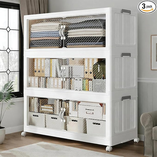 180QT Extra Large Stackable Storage Bins with Lid, 45Gal Plastic Closet Organizers and Storage Drawer, Collapsible Cabinet Box with Wheels Clear Doors for Home Kitchen Office, 3Pack White