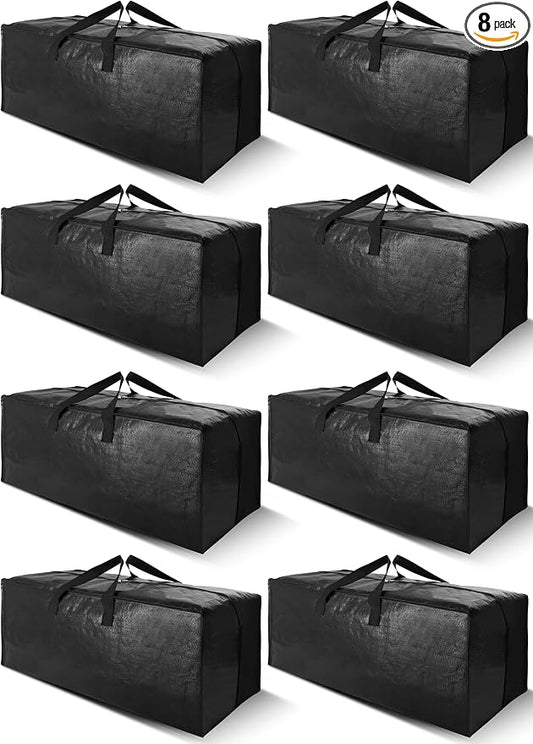 Cosy Family 8 Pack Heavy Duty Extra Large Moving Bags with Backpack Straps - Strong Handles & Zippers, Storage Totes For Space Saving, Fold Flat, Alternative to Moving Box (40 gal, Black)