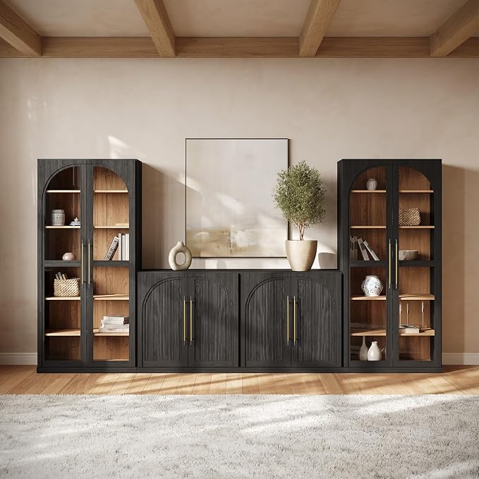 BELLEZE 3-Piece Modular TV Stand Set - 1 Arched Wood Door Sideboard and 2 Tall Cabinets, Modern Media Console with Adjustable Shelves for Living Room(Ebony)