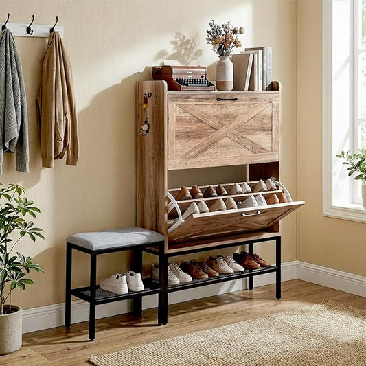 Karl home Grey Farmhouse Shoe Cabinet, Cushioned Entryway Bench Organizer | Space-Saving Freestanding Shoe Rack Organizer, Versatile Storage Furniture Suitable for Entryway and Living Room