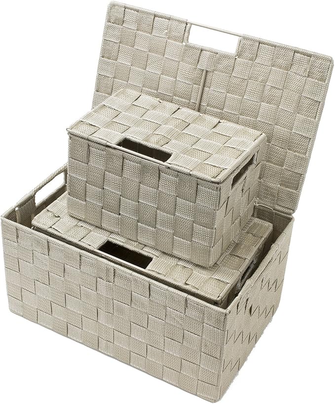 Sorbus Set of 3 Storage Baskets for Organizing with Lid – Mesh Hand-Woven Baskets for Closet, Shelf & Home Storage (Beige, Variety Pack)