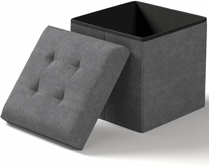 Folding Storage Ottoman Bench, Dark Gray, 15 Inches | Multi-Functional Ottoman Foot Rest, End of Bed Bench, Storage Chest, Living Room, Bedroom, Hallway, Entryway, 300 lb Capacity