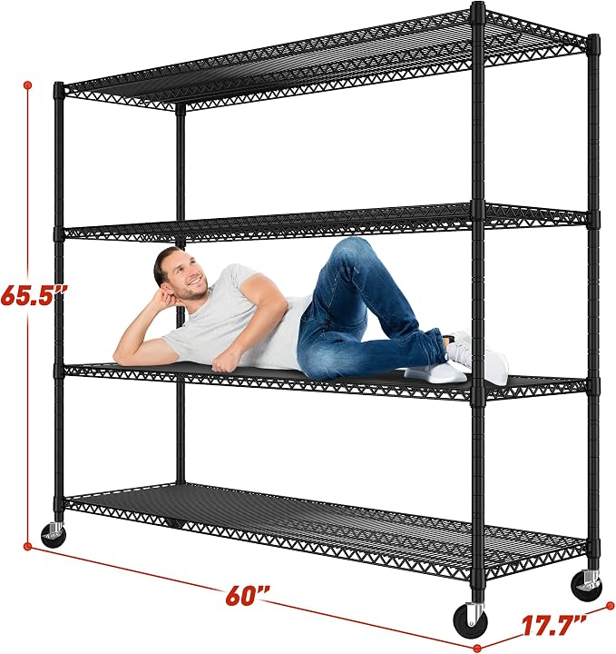 REIBII 60''W Storage Shelves 2399LBS Metal Shelving Unit with Wheels & Feet, 4 Tier Garage Shelving Heavy Duty Adjustable Wire Shelf for Pantry Kitchen Garage, 60" W x 17.7" D x 65.5" H, 2 Pack
