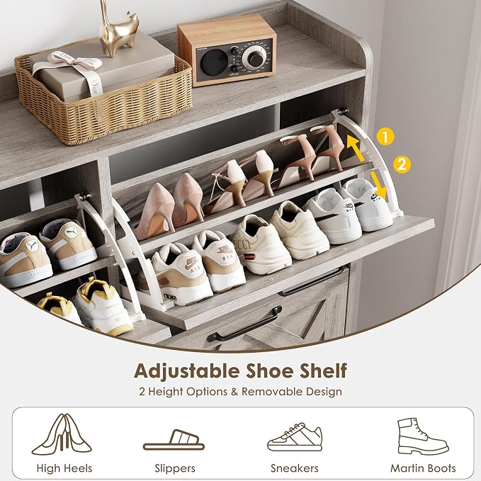 Nicetree Shoe Cabinet with 4 Flip Drawers, Freestanding Shoe Organizer Cabinet, Farmhouse Narrow Shoe Storage Cabinet for Entryway, Foyer, Hallway