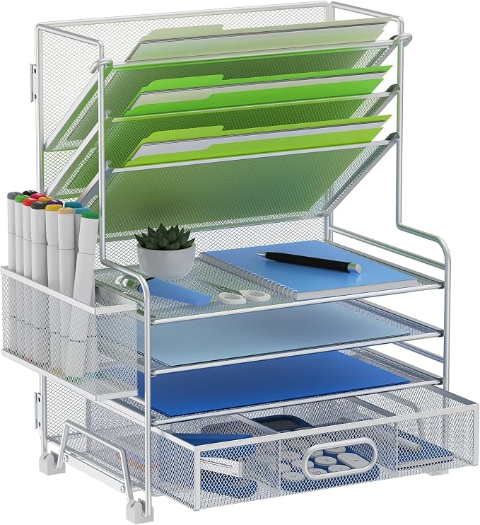 MINDEPOT 4-Tier Paper Organizer + 3-Pocket File Holder + Drawer + Pen Holders, Desktop File Organizers Paper Tray for Office Supplies School Classroom Organization (Silver, with Drawer & Pen Holder)