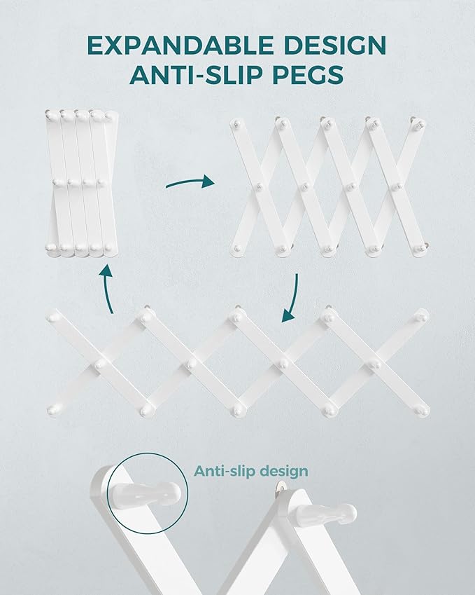 OROPY Accordion Wall Hanger with 14 Pegs, Expandable Wooden Coat & Hat Rack | White Color, Hat Display Rack, X Shape Rack for Coat, Hats, Bags, Baseball Caps, Coffee Mug, Jewelry
