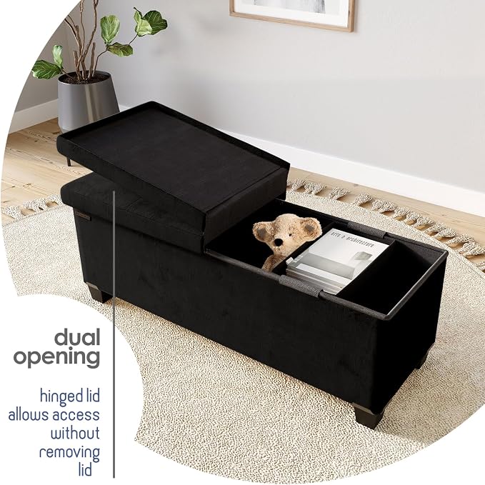 Storage Ottoman Bench with Bins, 43-in Storage Bench for Bedroom End of Bed, Folding Foot Rest Ottoman for Living Room Max 660lbs, Velvet Ottomans, Black