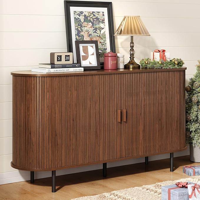 55" Sideboard Buffet Cabinet with Storage, Sliding Door & Adjustable Shelf, Modern Accent Coffee Bar Console Table for Kitchen, Entryway, Walnut