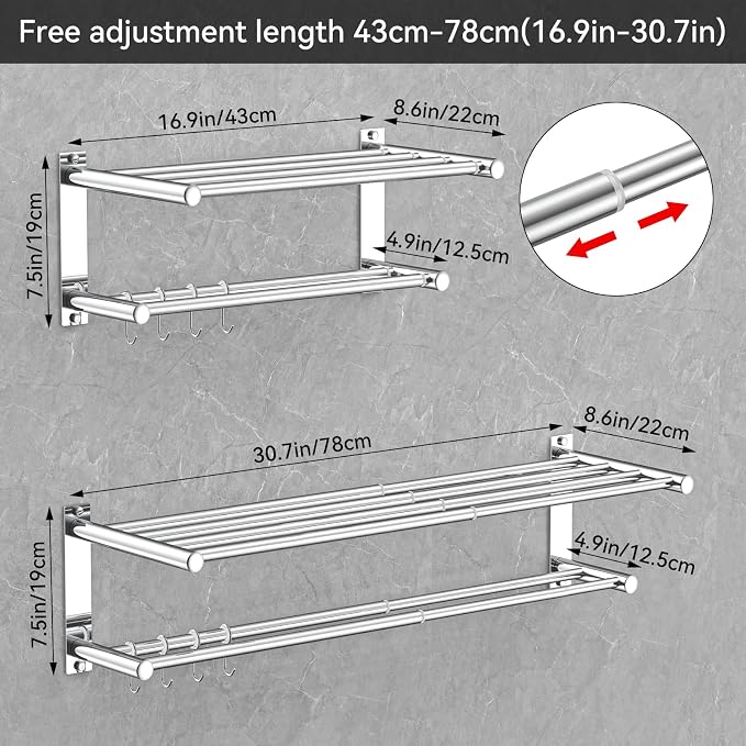 CAXIMSY Adjustable Towel Bar for Bathroom Wall Mount17-30.7inch Adhesive Shower Towel Rack Stainless Steel Bath Towel Holders for Toilet Kitchen Double Towel Hanger (Mobile Hook Towel Rack)