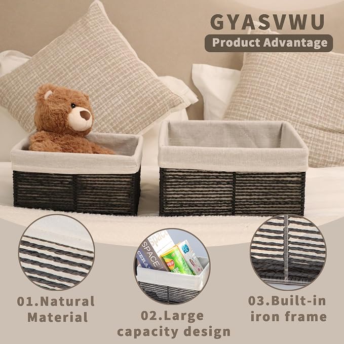GYASVWU Hand-Woven Paper Rope Storage Baskets,Rectangular Wicker Baskets for Organizing,Decorative Woven Basket for Storage,Shelf Basket for Living Room,Storage Baskets for Pantry (Black - Small)