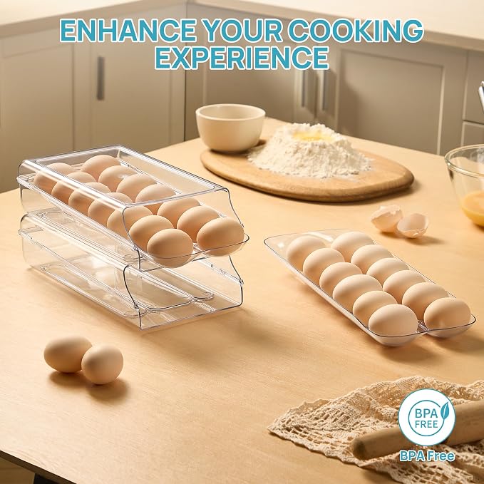 Vtopmart 2 Pack Egg Holder for Fridge, Automatic Rolling Egg Container | Stackable Clear 14-Count Eggs Organizer with Removable Inner Tray, Egg Storage for Refrigerator, Space Saving