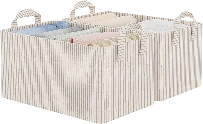 StorageWorks Storage Bins, Fabric Storage Bins for Shelves, Storage Baskets with Metal Frame, Closet Baskets and Bins with Handles, Khaki and Beige Stripes, 2-Pack