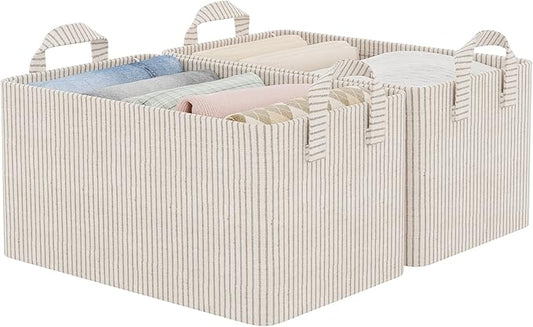 StorageWorks Storage Bins, Fabric Storage Bins for Shelves, Storage Baskets with Metal Frame, Closet Baskets and Bins with Handles, Khaki and Beige Stripes, 2-Pack