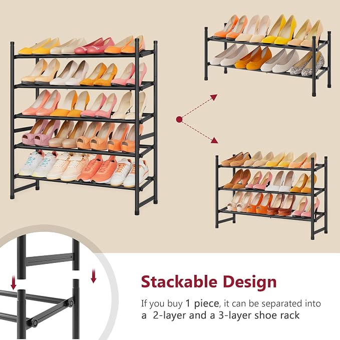 Expandable Shoe Rack for Closet 5 Tier, 28“-41“Stackable, Black | Adjustable Shoe Organizer Closet Shoe Rack Floor, Metal Shoe Shelf Storage for Entryway, Closet, Garage, Front Door Entrance