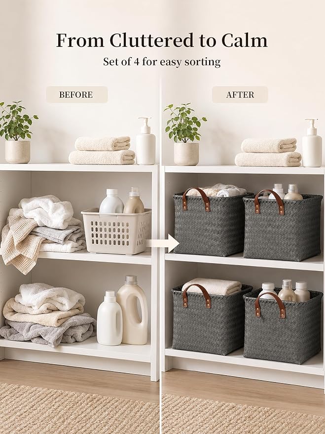 Wicker Storage Baskets, 4 Pack Woven Baskets for Shelves, Grey | PP Rattan, Water-resistant Wicker Basket, Large Baskets with Faux Leather Handles for Blanket, Laundry Organizer, Room Decor