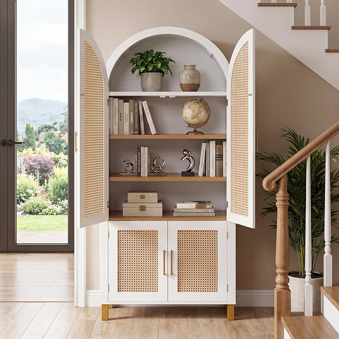 Merax 71" Arched Bookcase,Tall Pantry Storage Cabinet with Shelf Doors | Farmhouse Bookshelf with Rattan Doors Built-in Racks for Home Office,Kitchen,Dining Room,White