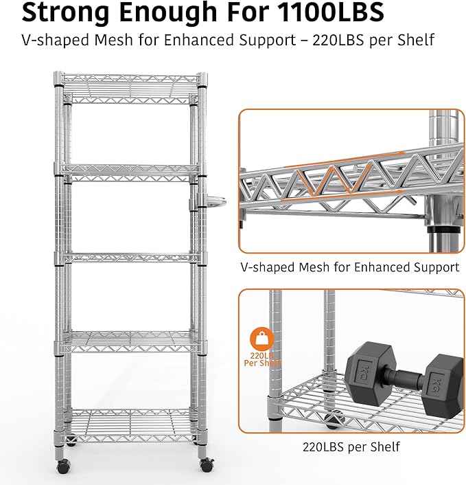 Garvee 61" H Storage Shelves with Wheels 1100LBS Rolling Metal Wire Rack