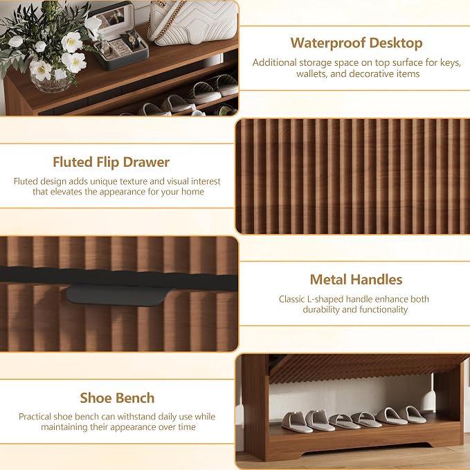 HUANLEGO Shoe Cabinet Storage for Entryway with 2 Flip Drawers, Walnut Fluted Shoe Cabinet with Open Storage, Wooden Hidden Shoe Rack Freestanding Narrow Slim Shoes Organizer for Hallway, Entrance
