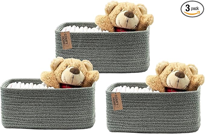 COMFY HOMI 11.5"x7.5"x4.7" Storage Baskets for Organizing | Cotton Rope Woven Basket | Toy Storage Bin Box | Basket for Shelves, Closet Organizer Bin, Decorative Closet Shelf, 3 Pack,