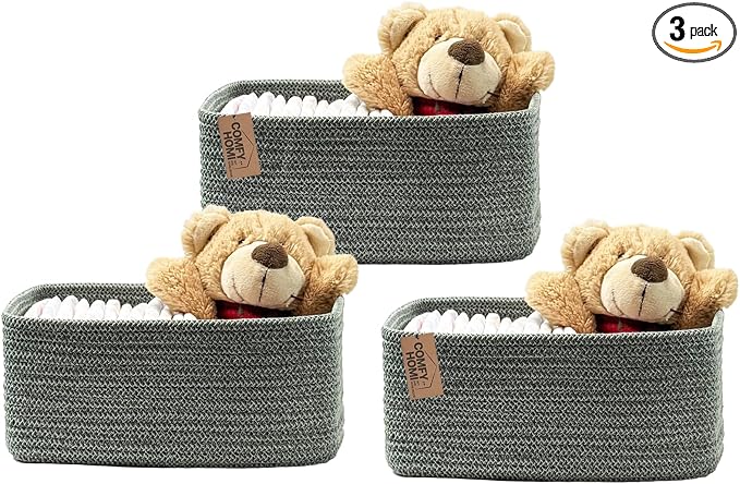 COMFY-HOMI 13" x 8.5" x 5.1" Storage Baskets for Organizing | Cotton Rope Woven Basket | Toy Storage Bin Box | Basket for Shelves, Closet Organizer Bin, Decorative Closet Shelf, 3 Pack