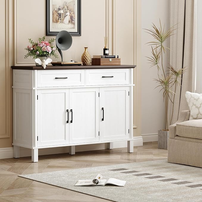 48 Inches Buffet Cabinet with Storage, Farmhouse Sideboard Buffet w/2 Drawers and 3 Doors, Wood Coffee Bar Cabinet with Adjustable Shelves, Sideboard Storage for Kitchen, Living Room, Off White