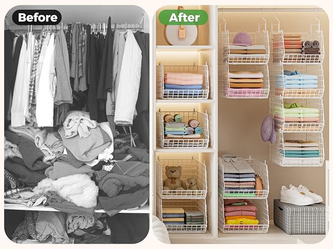 4" Extra Deeper Foldable Hanging Closet Organizer, Small Wire Cabinet Shelves and Storage with 5 S Hooks,4 Tier Metal Basket Bins for Clothes Sweaters Handbags, Wardrobe for Kitchen Laundry Room，White