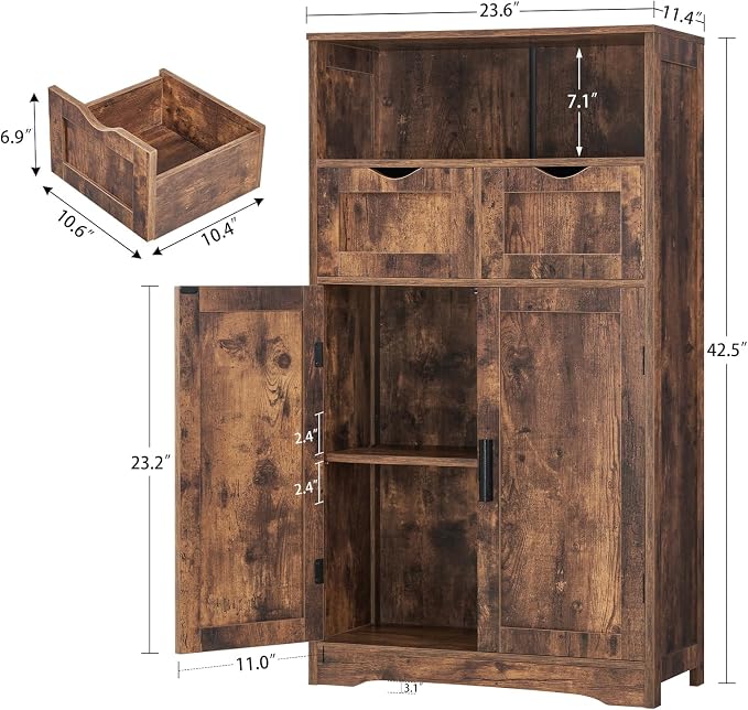 Iwell Storage Cabinet with 2 Drawers & Adjustable Shelves, Cupboard, Floor Cabinet for Living Room, Home Office, Rustic Brown