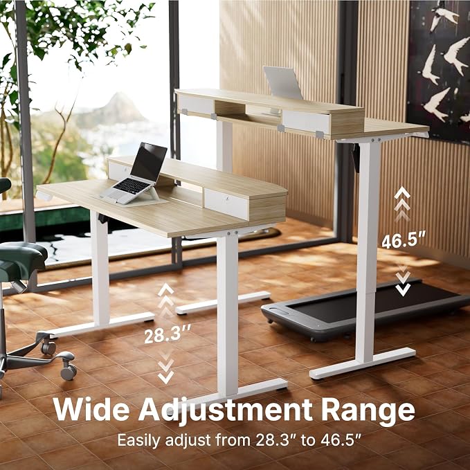 HUANUO 40" X 24" Electric Standing Desk with 2 Drawers, C-Clamp Mount Compatible, Height Adjustable Computer Desk, Home Office Stand Up Desk with 4 Preset Heights & 2 Hooks, Light Walnut